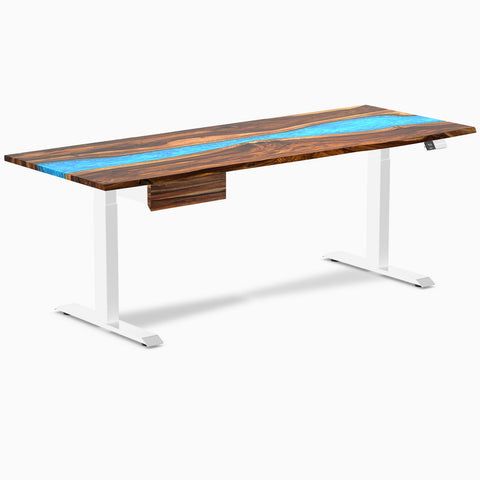 Desky Dual Resin Hardwood Standing Desk With Drawer 200cm Pheasantwood Blue River Desktop and White Frame