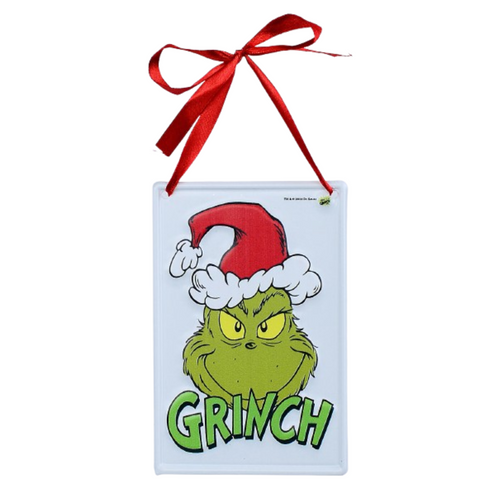 Christmas Warehouse - ORNM2413 Dr. Seuss Smirking Grinch Hanging Metal Plaque Sign | 15cm Red, Green & Yellow on White