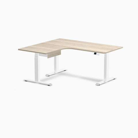 Desky L-Shape Melamine Standing Desk With Drawer 160cm - Left Return Classic Oak Top and White Leg
