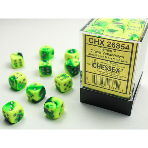 Chessex Gemini 12mm D6 Dice Block (Green Yellow/Silver, 36 Dice)