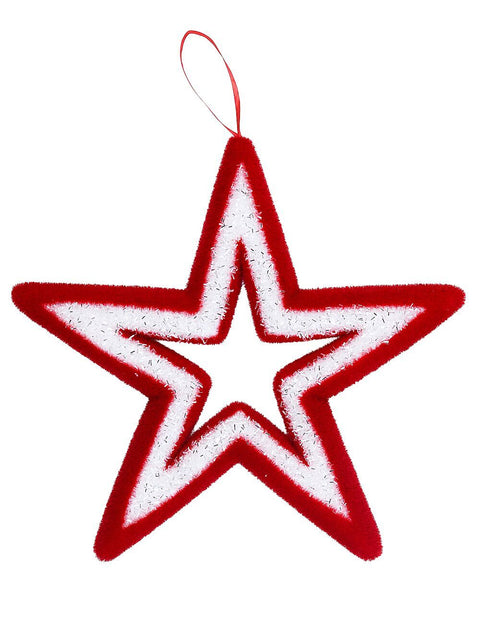 Christmas Warehouse - DECRH061 Red & White Flocked Christmas Hollow Star Tinsel Plaque Ornament | 37cm Red & White with Silver