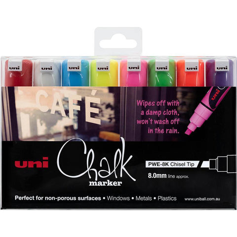 Uni-Ball Pack 8 Chalk Marker Chisel Tip 8mm (Assorted)