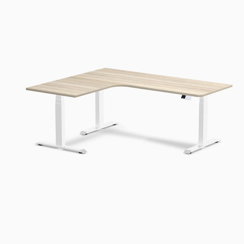 Desky L-Shape Melamine Sit Stand Desk 180cm - Left Return Classic Oak Top and White Leg