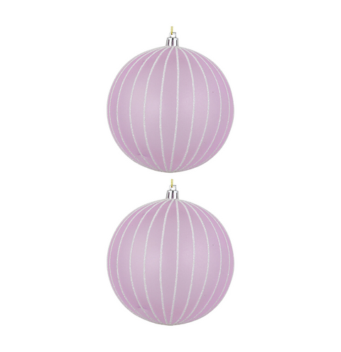 Christmas Warehouse - DECR2618 2x Lavender Pink Grand Matte Glitter Pinstripe Baubles 12cm
