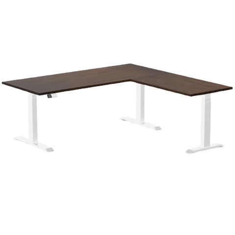 Desky Rubberwood L-Shape Sit Stand Desk 180 x 175 cm Dark Walnut Top and White Leg