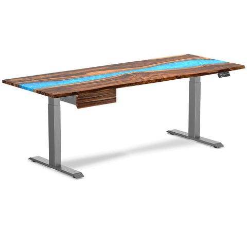 Desky Dual Resin Hardwood Standing Desk With Drawer 200cm Pheasantwood Blue River Desktop and Space Grey Frame