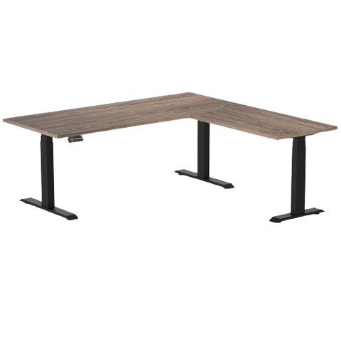 Desky Eco L-Shape Melamine Sit Stand Desk 180 x 175 cm Natural Walnut Top and Matte Black Leg