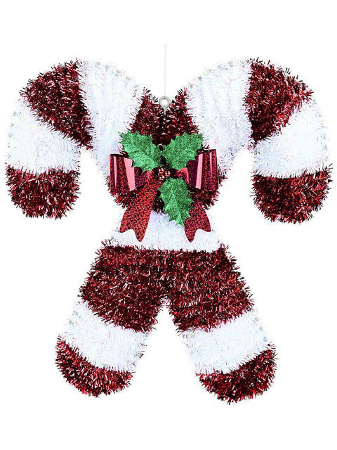 Christmas Warehouse - METL2402 Red & Iridescent White Stripe Crossing Candy Canes Tinsel Plaque | 47cm Red & Iridescent White with Green