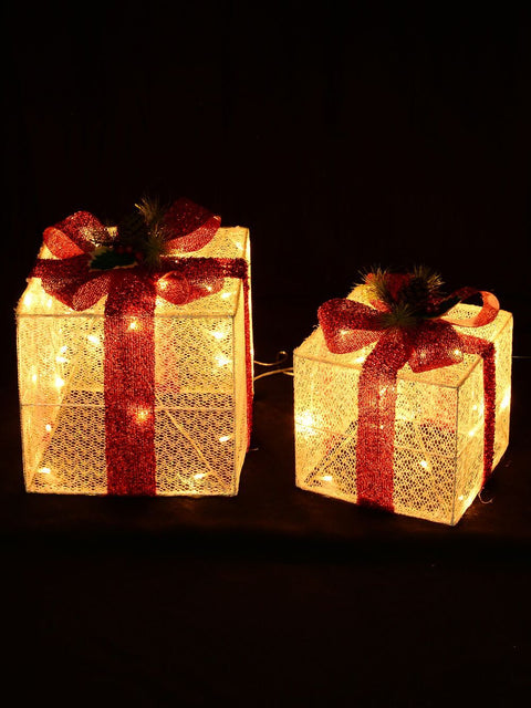 Christmas Warehouse - OUDRB113 White Glitter Mesh 3D Gift Box LED Display Set | 25cm & 20cm White with Red, Green, Brown & Warm White