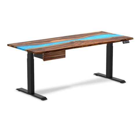 Desky Dual Resin Hardwood Standing Desk With Drawer 180cm Pheasantwood Blue River Desktop and Matte Black Frame