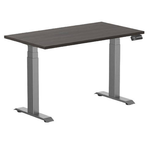 Desky Dual Mini Sit Stand Desk 1100 x 600 Burnished Wood Desktop and Space Grey Frame