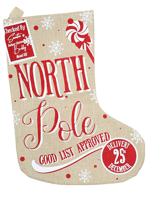 Christmas Warehouse - STCK2402 Rustic Jute North Pole Good List Approved Christmas Stocking | 50cm Red & White on Natural