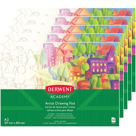 Derwent Academy Artist Drawing Pad Paper Landscape A3 50 Sheet 5 Pack