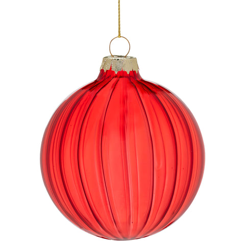 Christabelle Glossy Red Glass Baubles 6Pcs with Textured Stripe Pattern Balls Christmas Tree Decoration