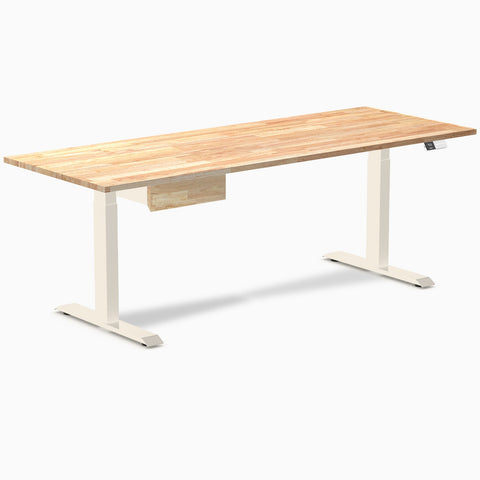 Desky Dual Rubberwood Standing Desk With Drawer 200cm Natural Timber Desktop and Wheat Frame