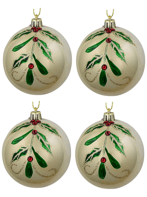 Christmas Warehouse - DECR2659 4x Heritage Champagne Pearl Signature Holly & Berry Baubles | 80mm Champagne with Green, Red & Gold