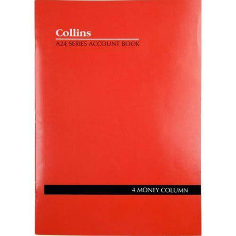 Collins Debden Collins A24 Series Account Book 4 Money Column Feint Ruled Stapled 24 Leaf A4 Red