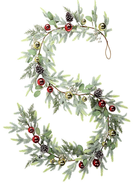 Christmas Warehouse - GARL2607 2.7m Decorated Cedar & Mixed Foliage Christmas Garland | Red & Gold Baubles Green with Natural, Red & Gold