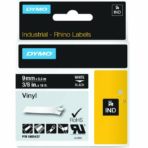 Dymo Rhino Industrial Tape Vinyl 9mm (White On Black)