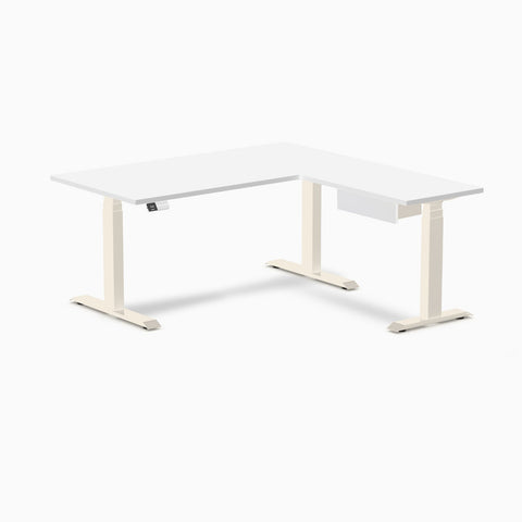 Desky Eco L-Shape Melamine Standing Desk With Drawer 150 x 155 cm White Top and Wheat Leg