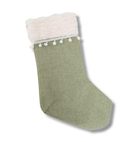 Hessian Style Stocking With Sherpa Cuff & Pom Poms  45cm (Sage with Cream)