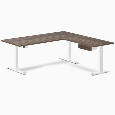 Desky Eco L-Shape Melamine Standing Desk With Drawer 180 x 175 cm Jarrah Legno Top and White Leg