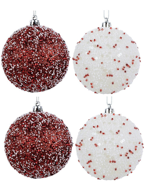 Christmas Warehouse - DECR9149 4x Lustrous Red & White Statement Sequin & Beaded Baubles | 80mm Red & White