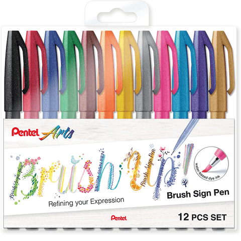 Pentel Arts Marker Brush Sign Pen Standard Colours (Assorted) [Pack 12]