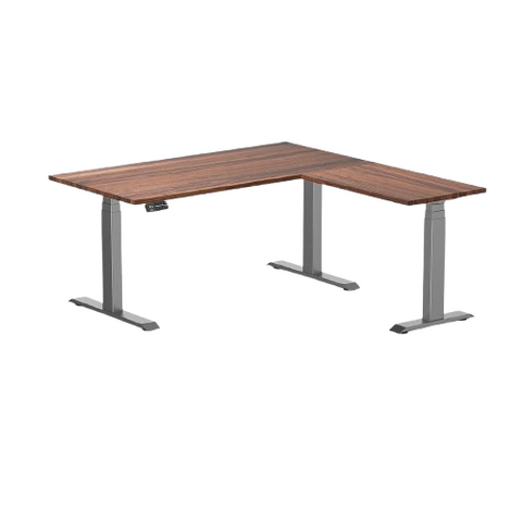 Desky Hardwood L-Shape Sit Stand Desk 150x155cm Walnut and Space Grey Leg