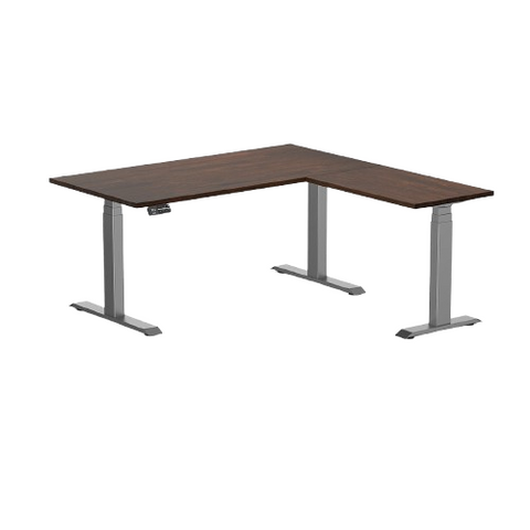 Desky Rubberwood L-Shape Sit Stand Desk 150 x 155 cm Dark Walnut Top and Space Grey Leg
