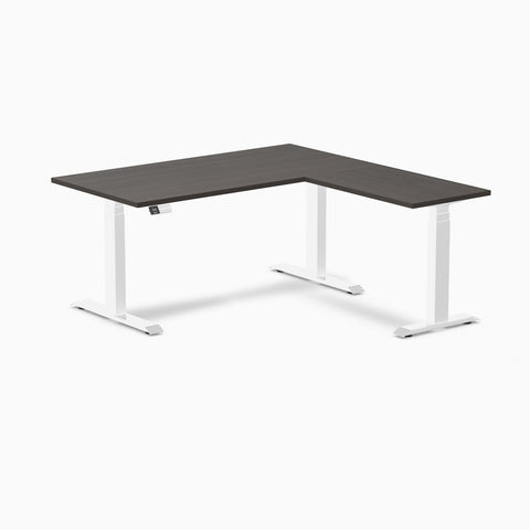 Desky Eco L-Shape Melamine Sit Stand Desk 150 x 155 cm Burnished Wood Top and White Leg