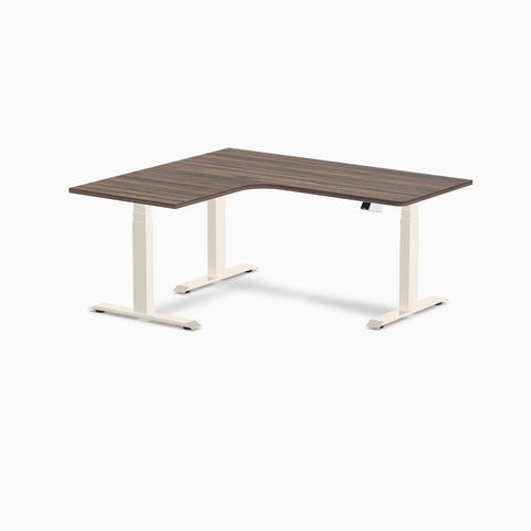 Desky L-Shape Melamine Sit Stand Desk 160cm - Left Return Jarrah Legno Top and Matte Black Leg