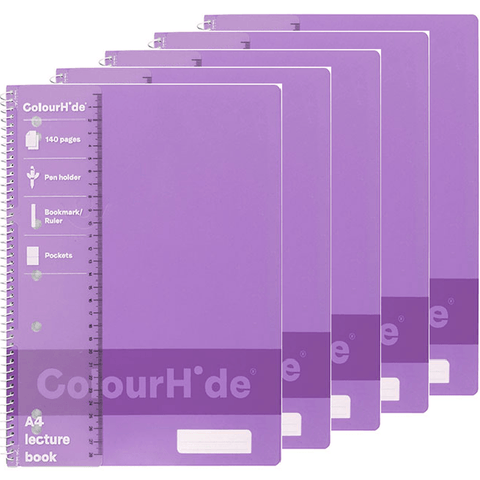Colourhide Pack 5 140 Page Lecture Notebook A4 (Purple)