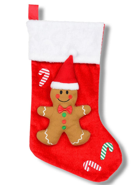 Christmas Warehouse - STCK2504 Red Velvet 3D Gingerbread Man Christmas Stocking With Faux Fur | 44cm Red with White, Brown & Green