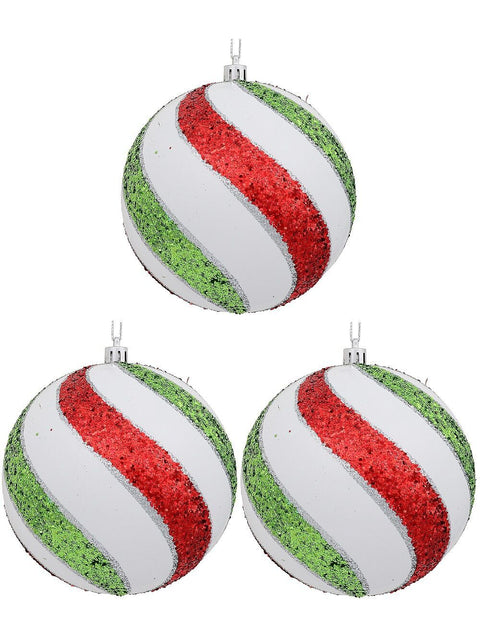 Christmas Warehouse - DECR9137 3x Dynamic White Signature Heritage Glitter Swirl Baubles | 12cm White with Red, Green & Silver