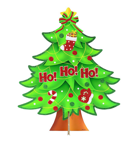 Christmas Warehouse - DECRH145 Ho Ho Ho Christmas Tree Glittered Freestanding Sign | 46cm Green with Red, White, Brown & Yellow
