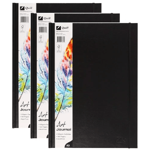 3 Pack Quill Art Journal Diary Hard Cover 125GSM 120 Pages A3 Black