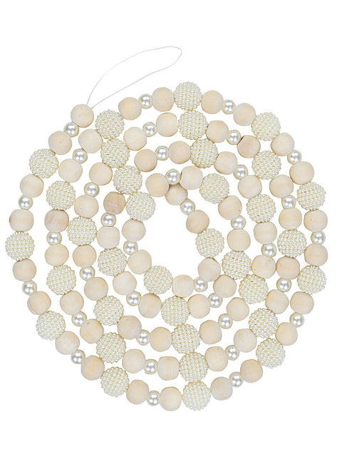 Christmas Warehouse - GARL1527 Cream Pearl & Natural Wood Radiant Beaded Garland | 1.8m Cream & Natural