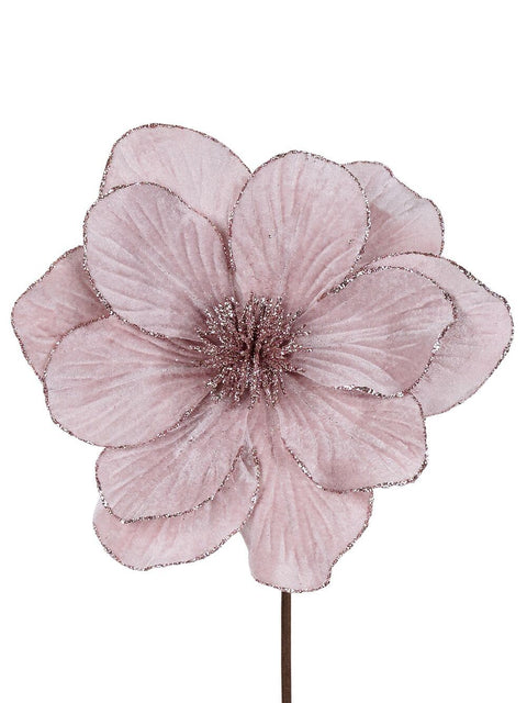Christmas Warehouse - STEM2319 Pale Pink Fabric With Glitter Magnolia Long Christmas Stem | 56cm Pale Pink