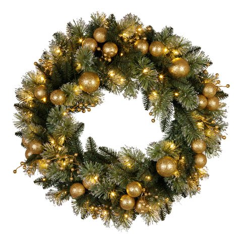 Christabelle 61cm Christmas Wreath Glittery with LED Lights Golden Baubles Front Door Decoration Ornament
