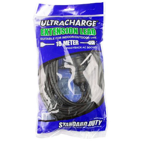 Ultracharge 10m Extension Lead 10A with Piggy Back Plug (Black)