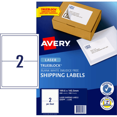 Avery 959008 L7168 Trueblock Shipping Label Laser 2Up (White) [Pack 100]
