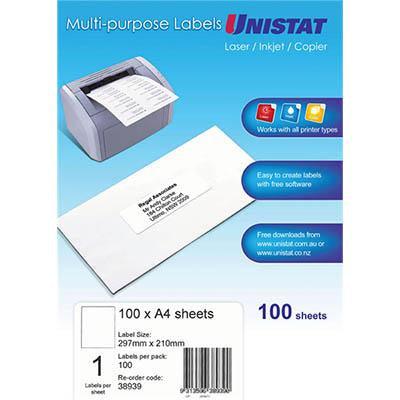 Unistat 38939 Multi-Purpose Label 1up 297x210mm White Pack 100