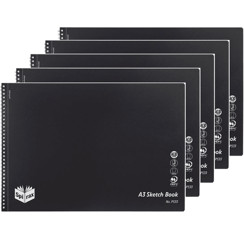 Spirax P533 Sketch Book Spiral Bound Side Open 40 Page A3 (Black) [5 Pack]
