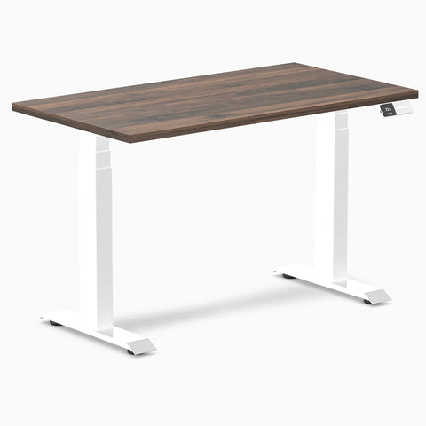 Desky Dual Mini Sit Stand Desk 1100x600 Jarrah Legno Desktop and White Frame
