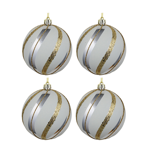 Christmas Warehouse - DECR2606 4x Whimsical White Silver & Gold Signature Swirl Baubles 10cm