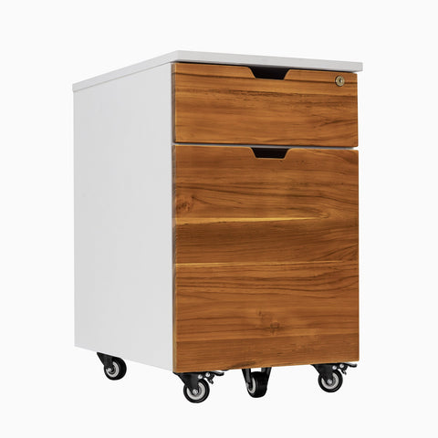 Desky Minimal Wooden Filing Cabinet - White / Teak Hardwood