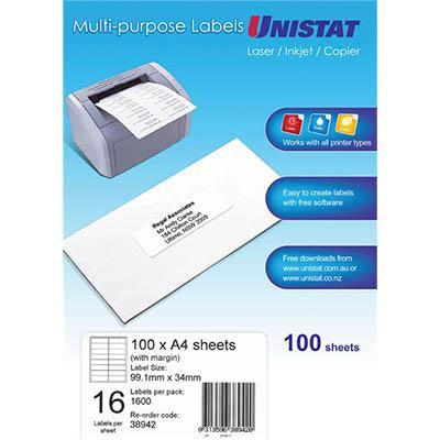 Unistat 38942 Multi-Purpose Label 16up 99x34mm White Pack 100
