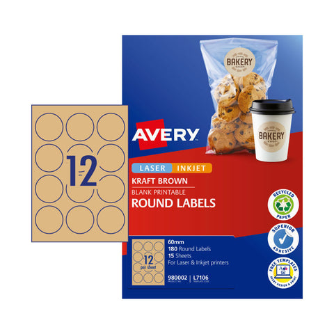Avery Kraft Brown Round Labels, 60 mm diameter [180-Pieces]
