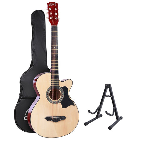 Alpha 38" Acoustic Guitar Wooden Body Steel String Full Size with Stand Wood